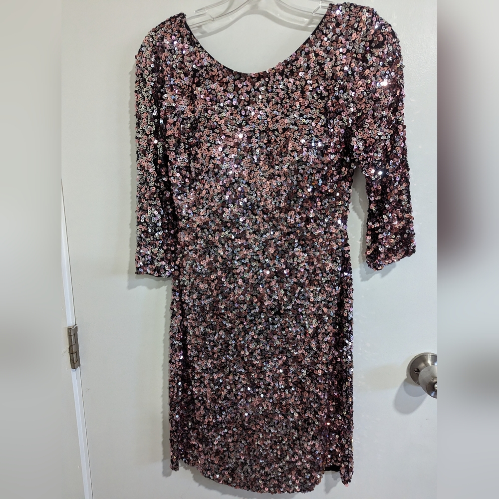 Scala pink champagne sequin prom dress